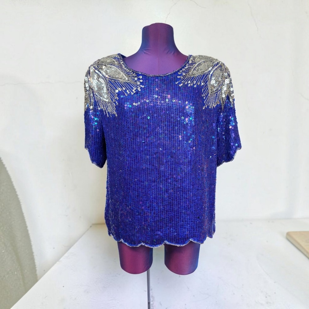 Royal Feelings Vintage Silk Sequin Beaded Blouse Shoulder Detail Small